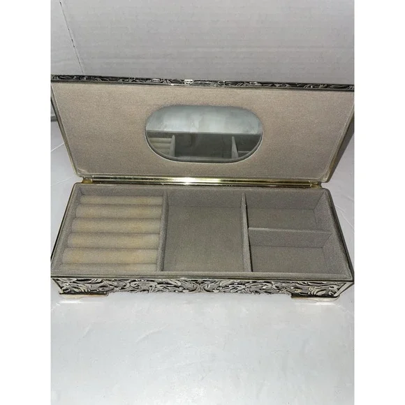 Godinger Silverplate Jewelry Box Floral Pattern W/ Lining Miror Hinged Vintage - Picture 9 of 9